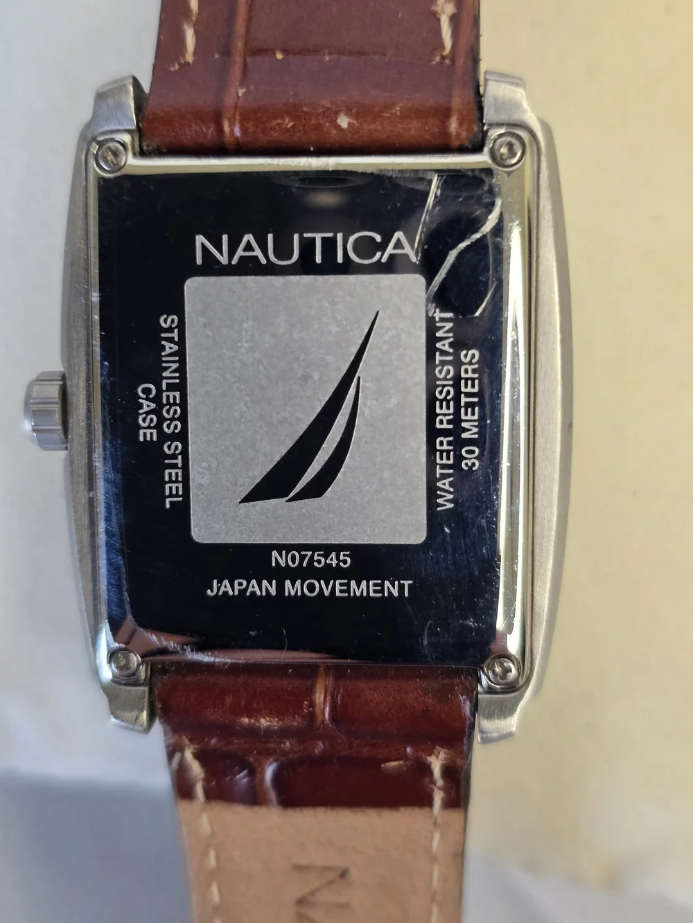 Nautica Steel Y2K Silver Dial Watch with Brown Leather Strap